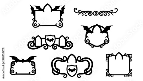 Collection of black spooky bat crests, gothic window frames, and swirl borders. Perfect vector silhouette elements for Halloween invitation graphics