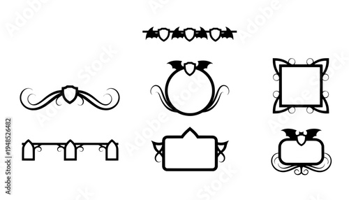 Collection of black spooky bat wing shields, hexagon frames, gothic arches, and swirl borders. Perfect vector silhouettes for Halloween graphic art