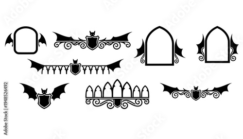 Set of black Halloween bat shields, gothic arch frames, crests, and decorative borders. Perfect vector silhouette elements for spooky graphic designs