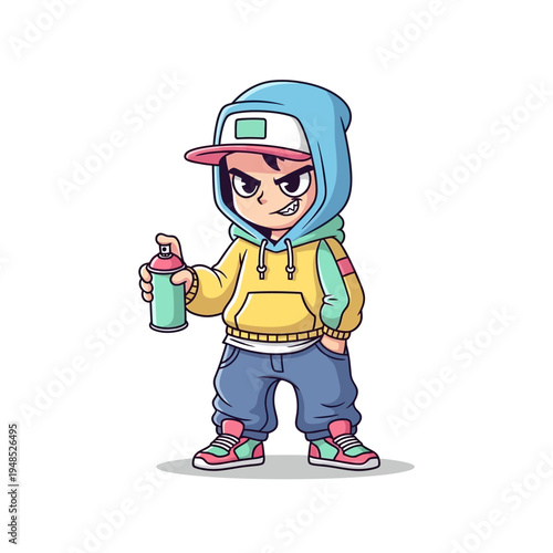 Graffiti Artist Kid with Spray Paint Can, Street Art Character Illustration