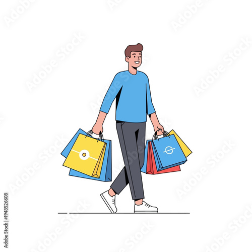 Happy Man Walking with Shopping Bags
