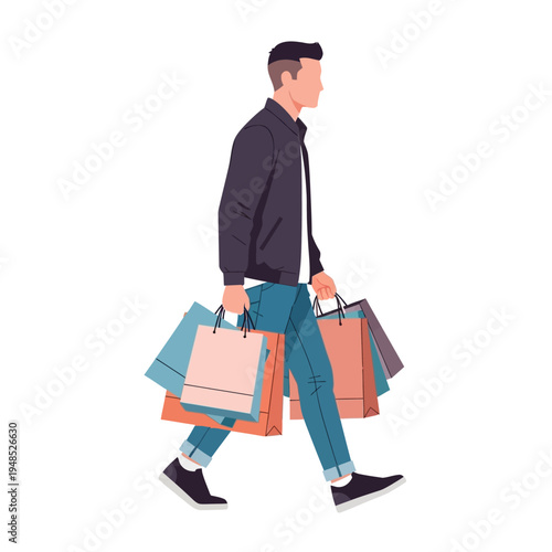 Man Carrying Shopping Bags, Walking, Consumerism, Retail Therapy, Fashion