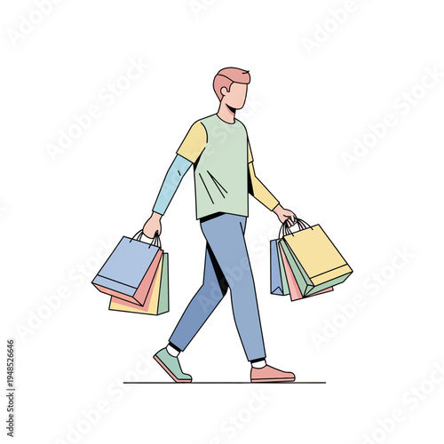 Man Walking with Shopping Bags, Casual Style, Modern Illustration