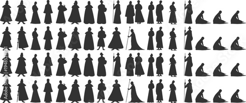 Flat vector illustration of Islamic people in various standing and praying postures, traditional clothing, cultural silhouettes, religion, worship, spirituality