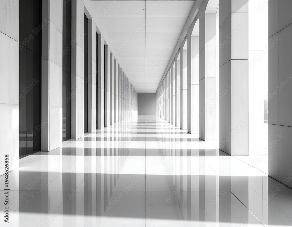 Fototapeta premium A sleek, long hallway with bright light filtering through vertical columns onto a glossy tiled floor