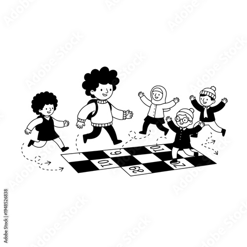 Diverse children play on a checkered game board in bold line art or Cartoon kids scene on a checkered board in monochrome vector illustration