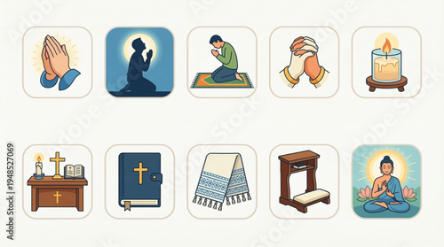 Prayer Icon Set – Hands, Kneeling Figures, and Spiritual Meditation Symbols Flat Design
