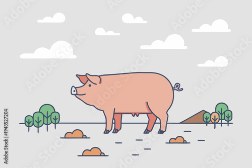 Farm Pig Side View Vector Illustration