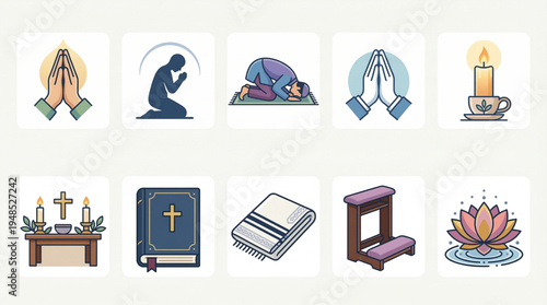 Prayer Icon Set – Hands, Kneeling Figures, and Spiritual Meditation Symbols Flat Design