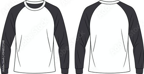 Flat vector illustration of long sleeve raglan t-shirt front and back view with contrast sleeves, crew neck, modern fashion template