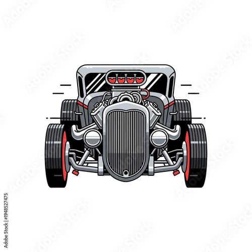 Classic American Hot Rod Car Front View, Vintage Vehicle Motor Engine