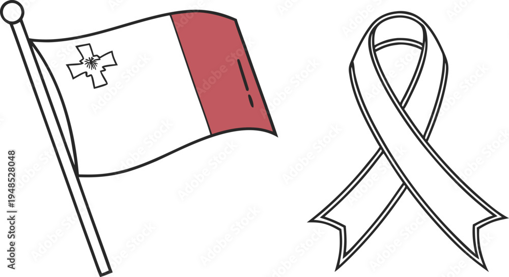 Fototapeta premium Maltese flag and white awareness ribbon malta flag white ribbon flag on pole