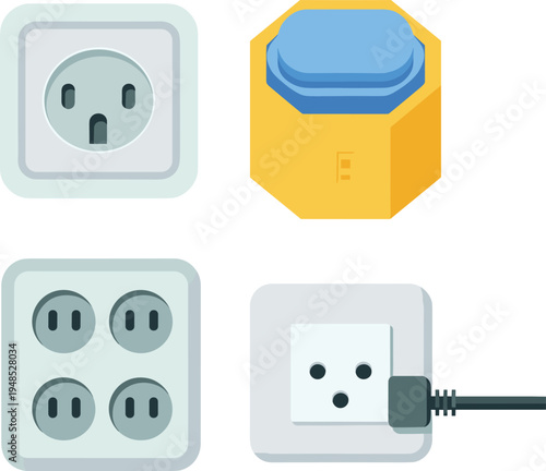 Flat vector illustration of different power outlet sockets, electric plugs, wall switches, modern electrical connection and energy supply equipment