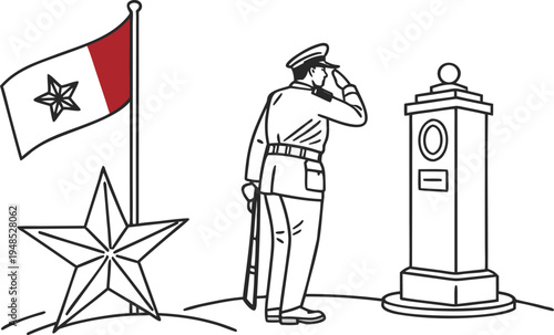 Maltese soldier saluting at remembrance monument with flag and star salute military