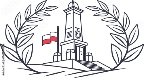 Memorial monument with flag and laurel wreath clock tower stairs