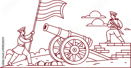 Peru battle of arica historical red line soldiers with cannon and flag