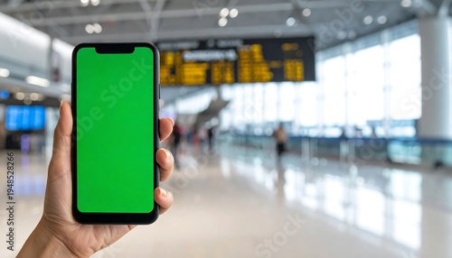 A hand holds a green-screened phone in an airport, with people and a flight board in the blurred background