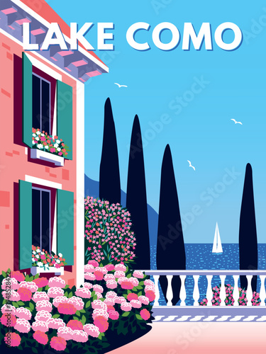 Mediterranean romantic summer sunny landscape with traditional Italian villa, blooming hydrangeas, oleanders, cypresses and blue sea in the background. Handmade drawing vector illustration.