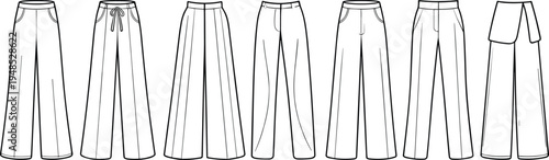 Set of women’s wide leg pants flat sketches, technical fashion drawing, different styles front view, vector illustration, clothing design template
