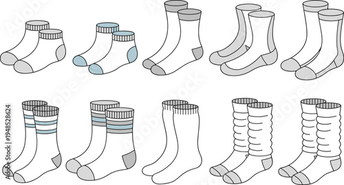 Set of various socks styles, colorful ankle, crew, striped, sport and casual sock designs, fashion accessories vector illustration collection