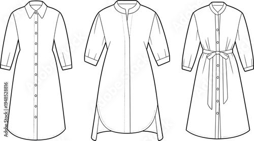 Shirt dress flat sketch, fashion technical drawing, front view outline, women dress vector, button down, collar, belt design flat vector illustration
