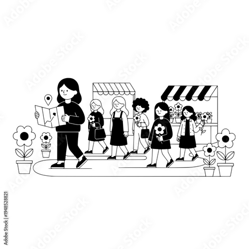 Professional dog walker illustration featuring diverse dog breeds for pet care branding or Line art dog walker with mixed breed dogs for pet care marketing