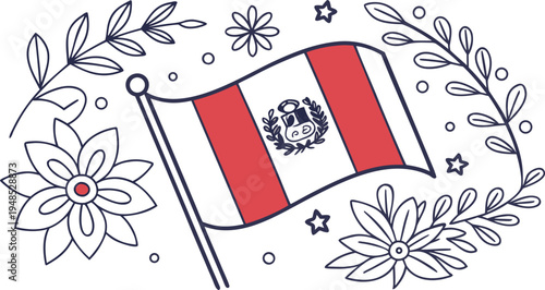 Peru flag day commemorative with peru flag flowers red and white flag