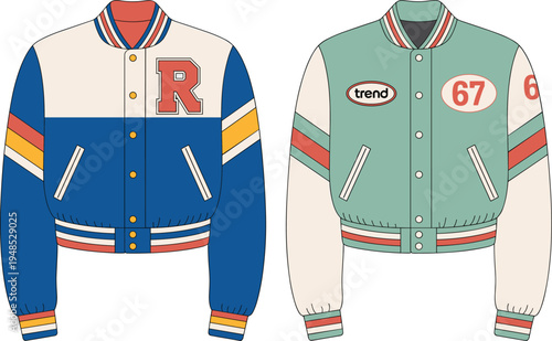 Colorful varsity bomber jackets front view, vector illustration of retro college style outerwear with patches, fashion design template