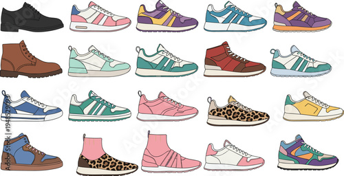 A large collection of colorful flat vector illustrations of various shoes including sneakers, boots, formal dress shoes, and athletic footwear for commercial fashion design.