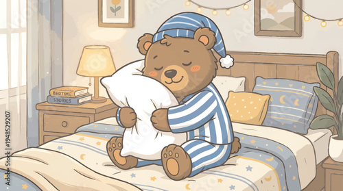 Cute Brown Bear in Blue Striped Pajamas Hugging a Pillow in Bed