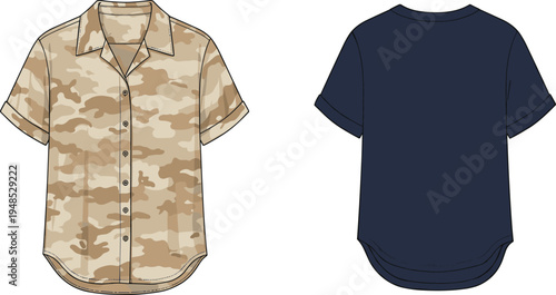 Short sleeve button-up camouflage shirt front and navy back flat sketch design for fashion mockup, technical apparel template use. flat vector illustration