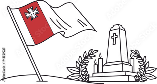 Malta national remembrance day concept with waving flag and memorial malta flag tombstone