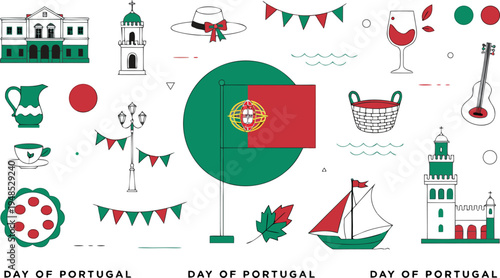 Portugal day patriotic concept with flag and cultural symbols portuguese flag day of portugal
