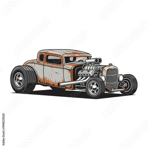 Vintage Hot Rod Coupe Car with Supercharger, Rusty Retro Vehicle