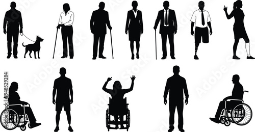Diverse disability silhouettes collection featuring people in wheelchairs using walking sticks prosthetic limbs and service dogs isolated on white background for inclusive social design