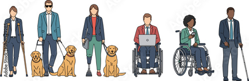 Diverse business people with disabilities including wheelchair users guide dogs and prosthetic limbs working in a professional office environment isolated on a white background