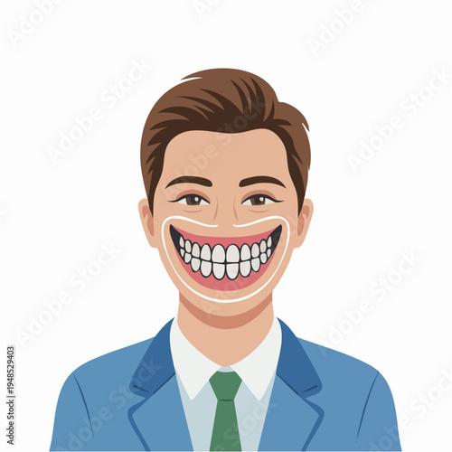 A cartoon man with a big smile and dental braces.