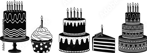 Hand drawn set of birthday cakes and cupcake silhouettes featuring candles, frosting, and patterns isolated on white background, perfect for celebratory greeting cards, party invitations, 