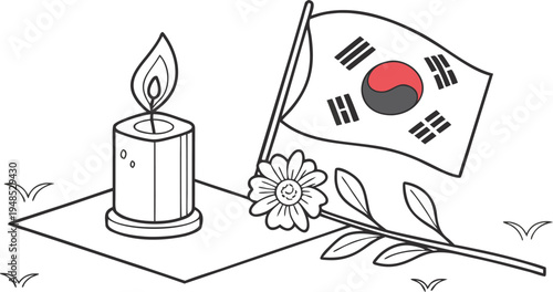 South korea memorial day tribute with candle flower and flag