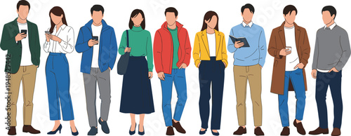 Group of diverse people standing in a row wearing casual autumn clothes using smartphones and reading books isolated on white background for lifestyle design