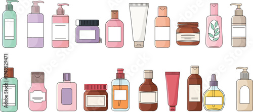Large collection of cosmetic bottles and skincare product containers including lotion pumps cream jars and serum tubes isolated on white background for beauty design