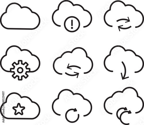 Minimal cloud computing line icons set, professional upload and download symbols, editable stroke vector illustration, minimalist technology design elements with editable stroke.
