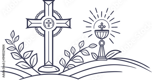 Catholic cross and chalice with leaves on white background christian eucharist