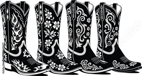Set of four decorative cowboy boots with floral patterns and flame designs black and white western footwear illustrations isolated on white background for design