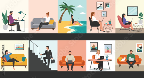 Set of Diverse People Working Remotely from Home, Office, and Vacation Scenes with Laptops for Digital Nomad and Remote Work Lifestyle Concepts Flat Illustration
