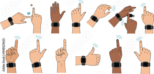Set of Hands Using Smartwatch Gestures and Touchscreen Interface Interactions with Wireless Connection Icons Isolated on White Background for Wearable Technology Concept Graphic Design