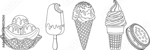 Set of ice cream desserts line art including banana split popsicle waffle cone soft serve and cookie sandwich isolated on white background for coloring