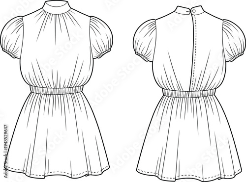 Short puff sleeve dress flat sketch, front and back view, gathered waist design, fashion technical drawing, vector apparel template

 flat vector illustration