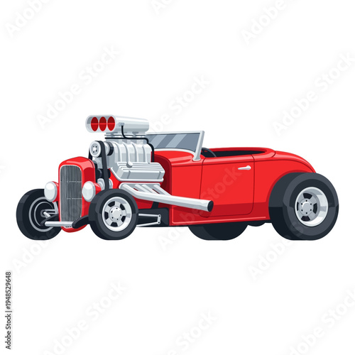 Vintage Red Hot Rod Car with Supercharger - Classic Automobile Illustration