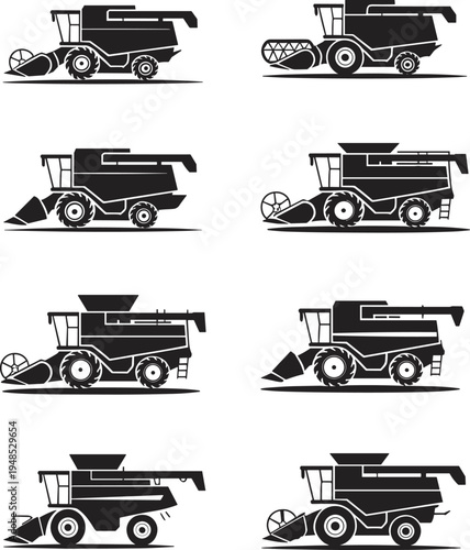 Combine harvester icons, agricultural machinery, crop harvesting equipment, farm vehicles, grain harvesting, farming tools, rural industry, tractor attachment, agriculture technology